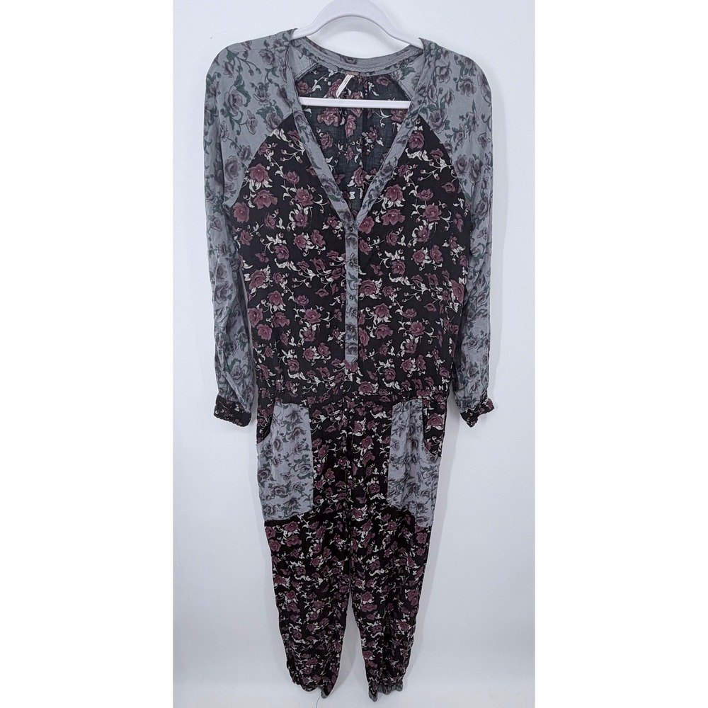 Free People Jumper Women Small Black Floral Mixed Print Long Sleeve Boho Romper